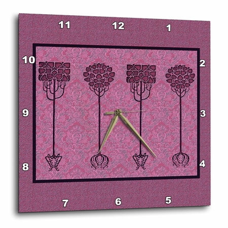 3drose, Mulberry Purple Trees on Mauve Pink Damask Background, 10x10 Wall Clock