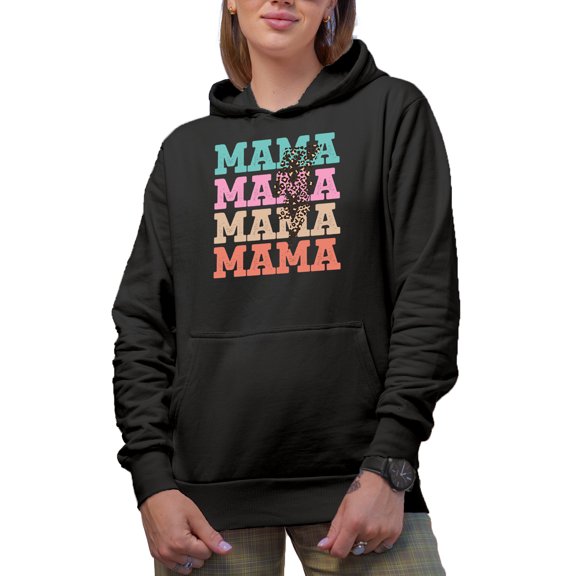 Mama with Leopard Lightning Print, Mother's Day Gift, Black Hooded Sweatshirt or Hoodie, Small