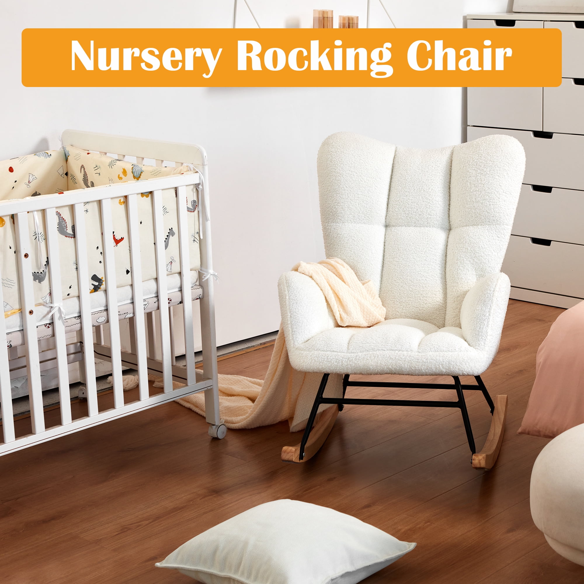 TrumanPick Rocking Chair Nursery Boucle Upholstered Accent Chairs Comfy Glider Rocker with High Backrest for Living Room,White