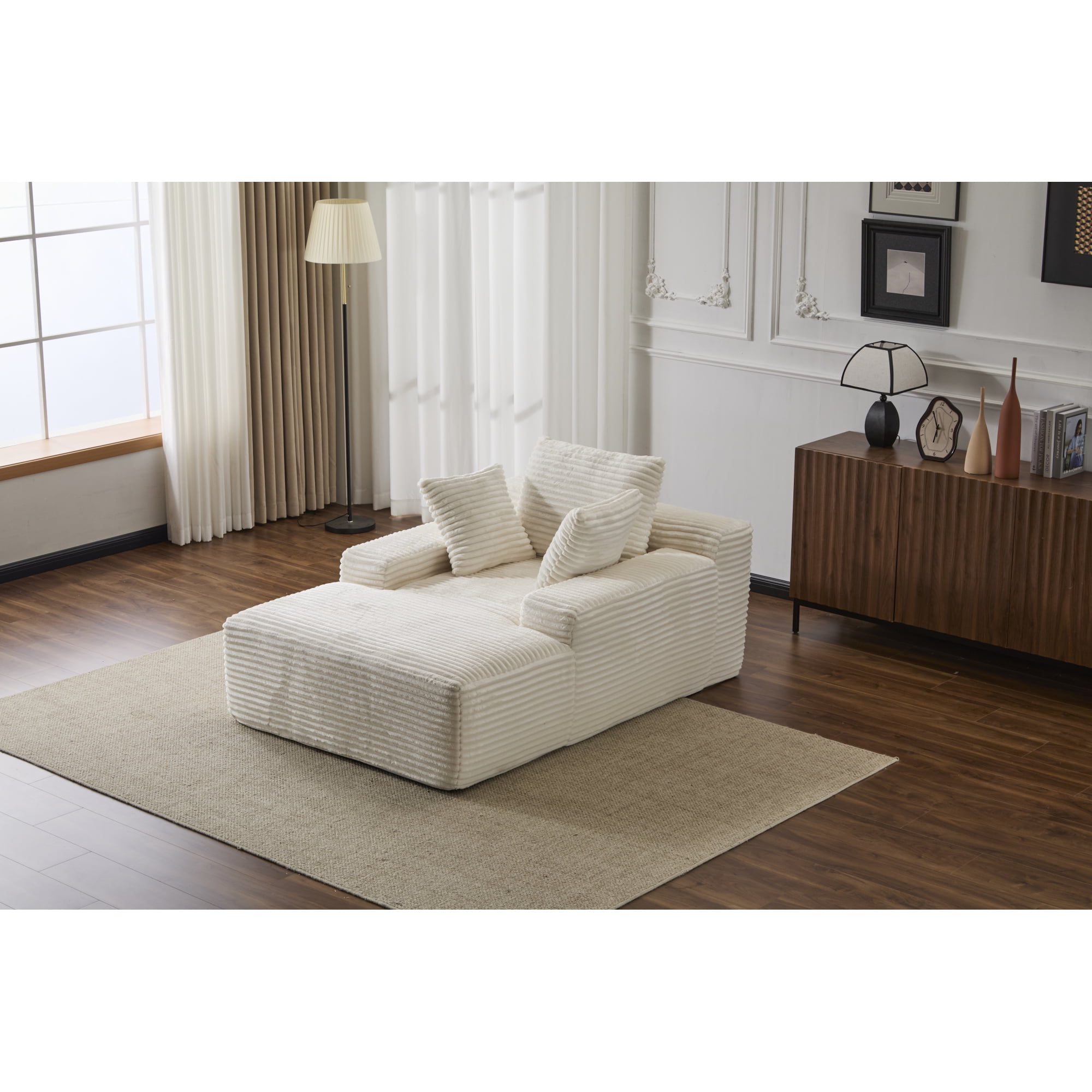 Leumius Oversized Chaise Lounge Indoor,Cozy Cloud Couch Modern Plush Corduroy Upholstered Sofa Bed with 3 Pillows and Wide Armrest for Living Room, No Assembly Required,White