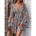 thumbnail image 6 of Women Print Wrap Boho V Neck Short Flared Sleeve Elastic Waist Drawstring Flowy Mini Dress Color Pattern L, 6 of 7