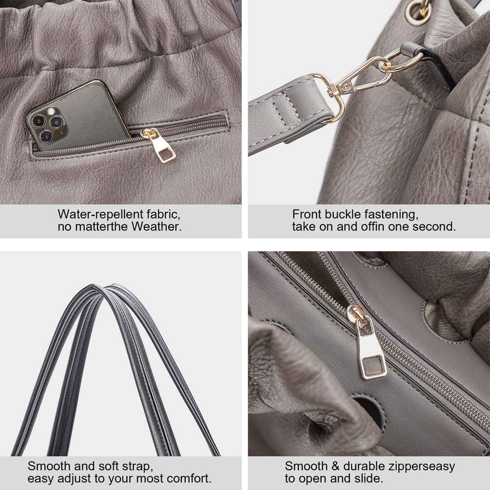 Capamaster Slouchy Hobo Handbag for Women, Soft Faux Leather Shoulder Purse with Top Handles and Front Zipper Pockets, Gray