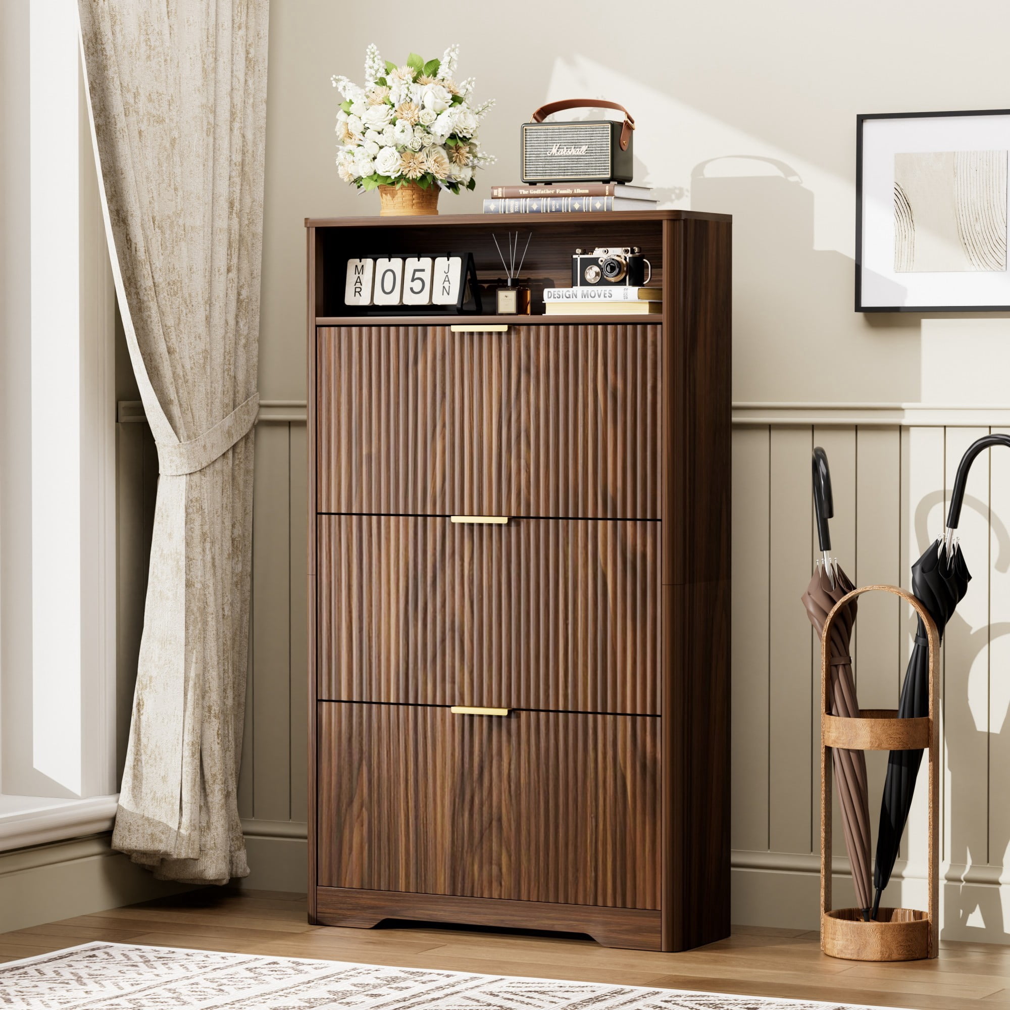 54.4" Shoe Cabinet Storage for Entryway, 3 Flip Drawer Shoe Organizer, Narrow Freestanding Hallway Shoe Rack, Walnut