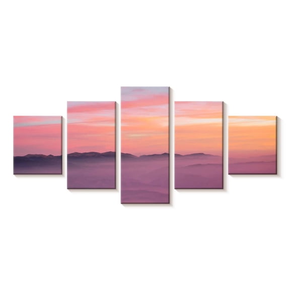 Elephant Stock Pink Sunrise Wall Art - Horizontal Multi Panel Canvas - Living Room Wall Decor - Nature Multi Panel - Pink And Blue Decor - 29" x 12"