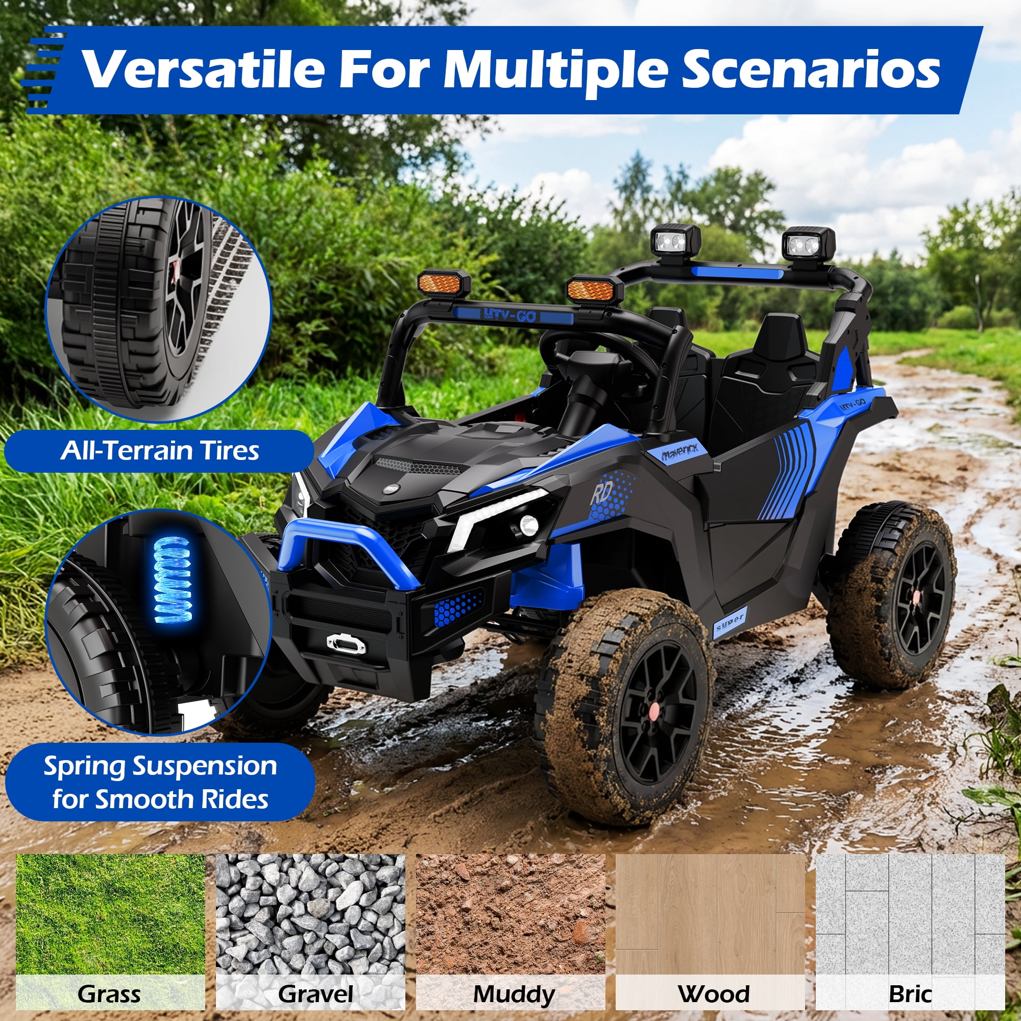 Wisairt 24V Ride on Toys 4WD Ride on Cars with Remote Control, 2 Seater Electric Car for Kids, Power Car Wheels, UTV w/ Four Motors, Music, LED Lights, Wireless Audio, 3 Speeds, Blue