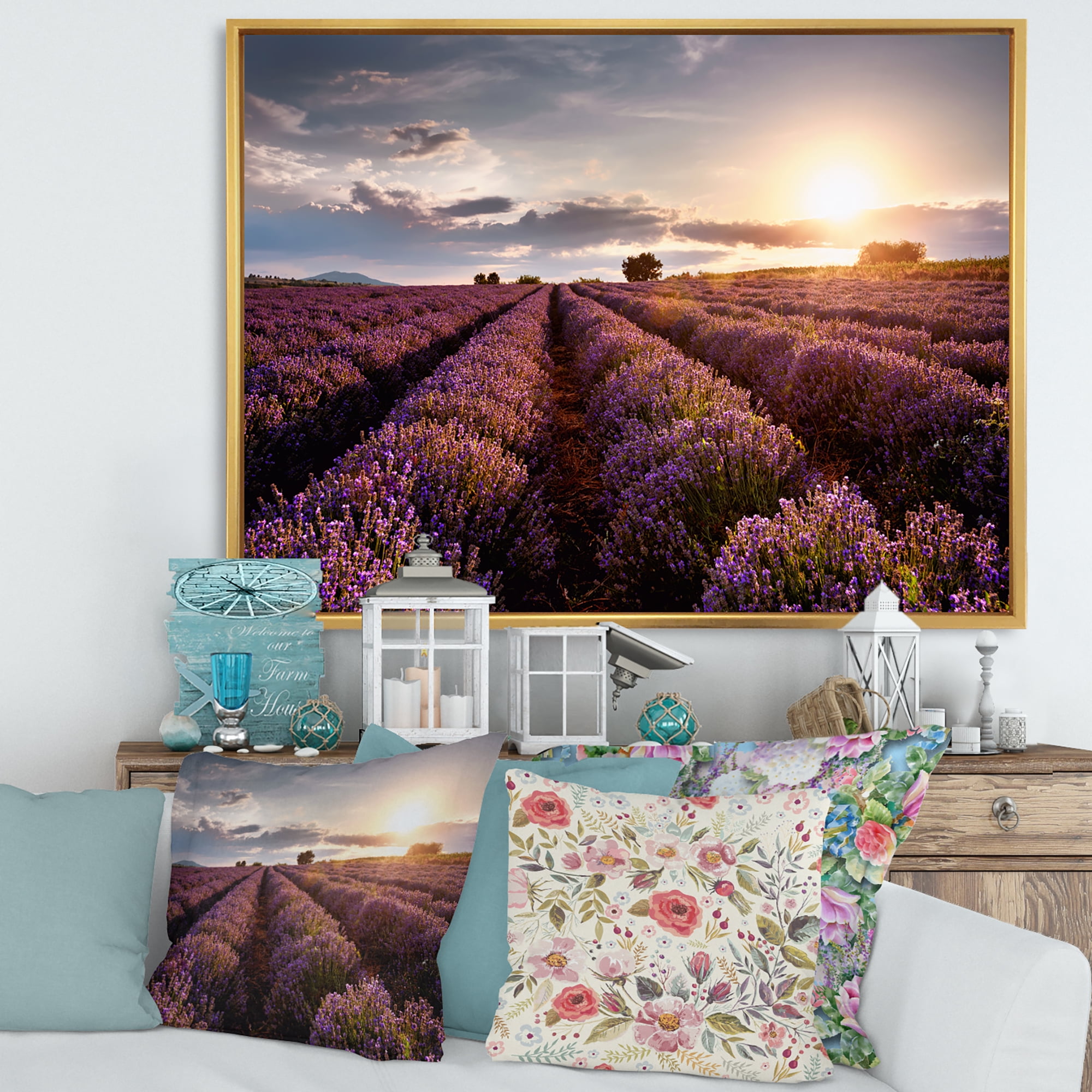 Designart 'Dramatic Clouds and Sunrise Over Lavender Field V' Farmhouse Framed Canvas Wall Art Print