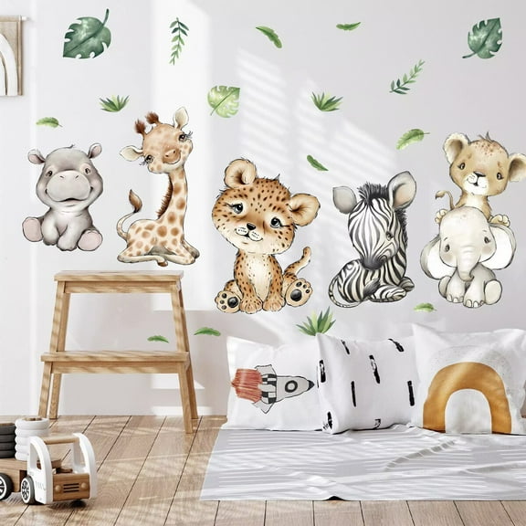 Watercolor Baby Safari Animals Wall Decals Stickers, African Jungle Elephant Zebra Giraffe Hippo Lion Leopard Cheetah Kids Room Nursery Decor, Neutral Palm Leaf Crib Decorations Bedroom Art