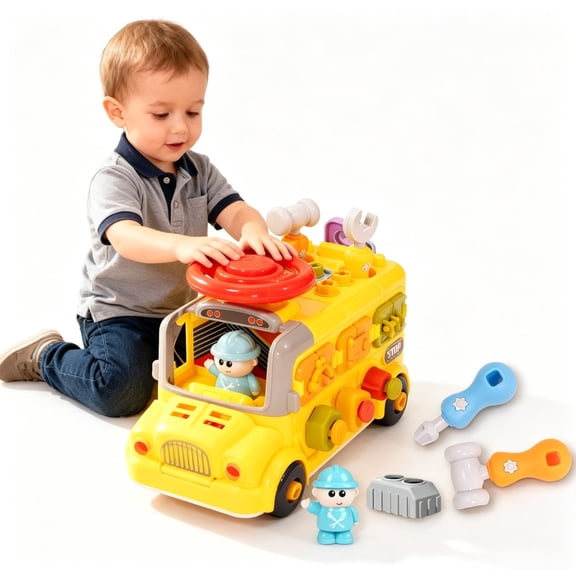 SaveJoy 6-in-1 Montessori Busy Toy Bus, Construction Tool Vehicle Learning Toy for Kids Age 3