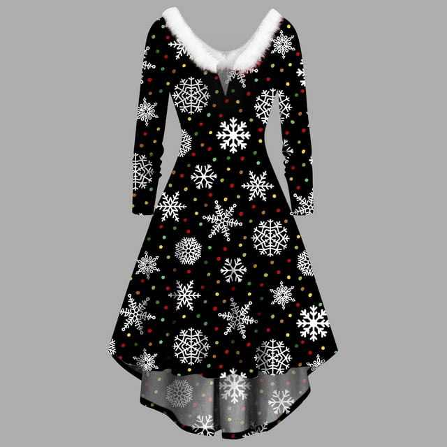 Pisexur Robe de Noël Femme Manches Longues Imprimé de Noël Col en V en Fourrure Robe d'Invitée de Mariage pour Femme, Robe de Fête de Noël Évasée