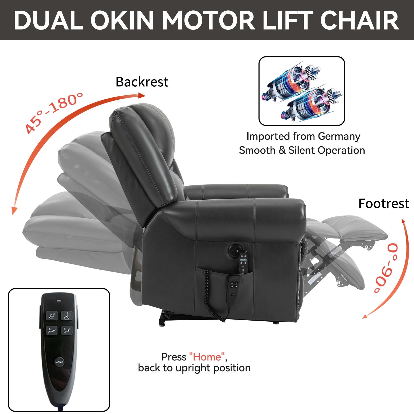 MAYEERTY 350lbs Grey Faux Leather Power Lift Recliner, Dual Motor 180° Infinite Position Chair with Heat Massage USB Ports