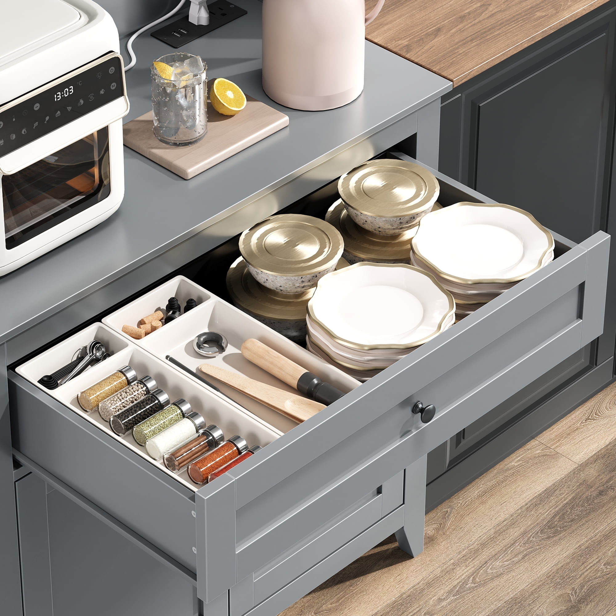 63" Pantry Cabinet, Kitchen Pantry Storage Cabinet with Outlet, Kitchen Hutch with Microwave Shelf & 4 Hooks, Door Shelves & Drawer & Adjustable Shelves, for Dining Room