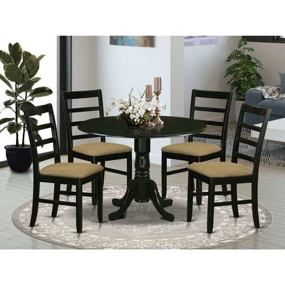 Round Kitchen Table Set for 4 - 42 Inch Dining Table with Chairs - Modern Dropleaf Dinette Set - Black Finish