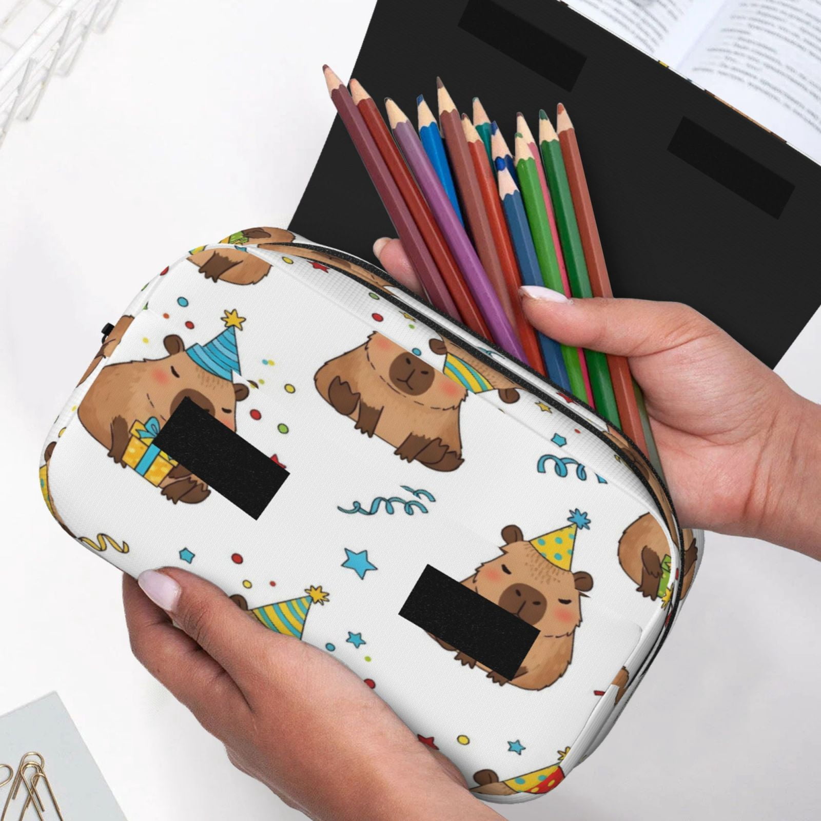 Large-Capacity Flip-Top Double-Layer Pencil Case, Multi-Functional Pocket Pen Case, Durable Stationery Organizer Capybara Party Pattern