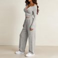 thumbnail image 4 of Bzdzmqm Women's 2 Piece Outfits V Neck Long Sleeve Crop Top and Wide Leg Pants Set Casual Lounge Matching Tracksuit Solid Basic Fall Travel Vacation Daily Wear Comfy, Gray XL, 4 of 6