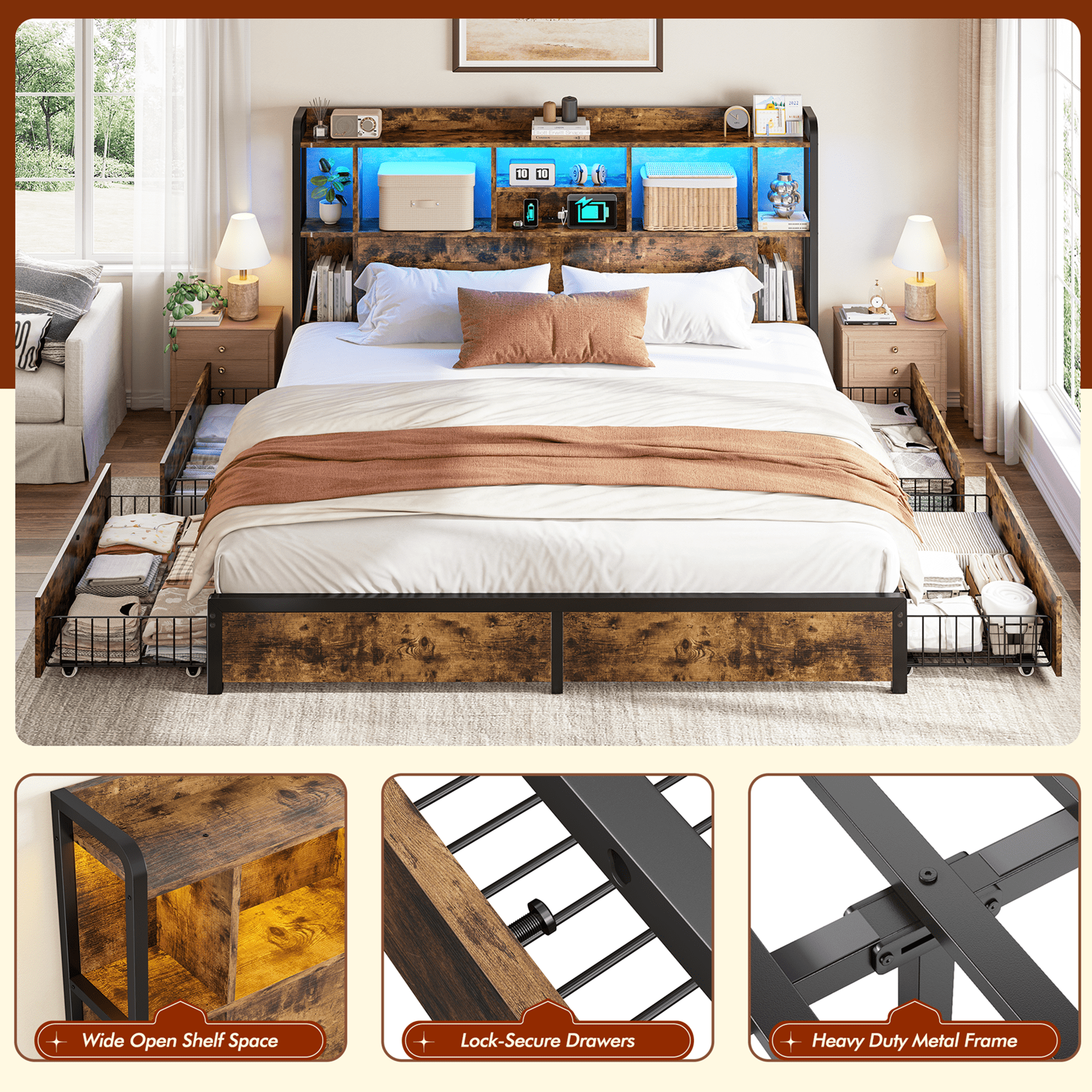 EnHomee Metal Bed Frame with 4 Storage Drawers King Size Bed Frame with Storage Headboard & 3-Tier Shelf & Charge Station, Rustic Brown