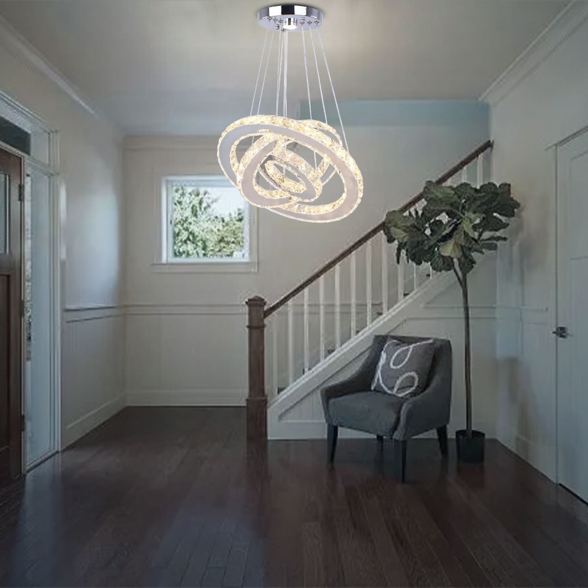 FRIXCHUR Dimmable Crystal Chandeliers LED Ceiling Light Fixture 3 Rings Adjustable Stainless Steel Pendant Light Chandelier(Multi Color)