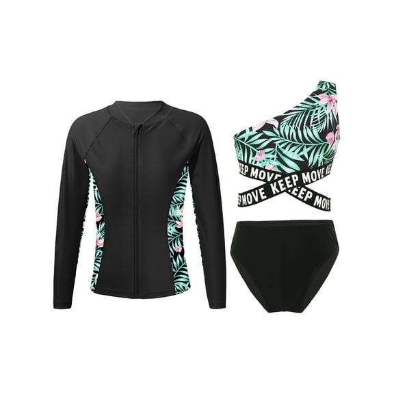 vastwit 3PCS Kids Girls Swimwear Long Sleeve Front Zipper Rashguard with Crop Top and Briefs Sets Black 8