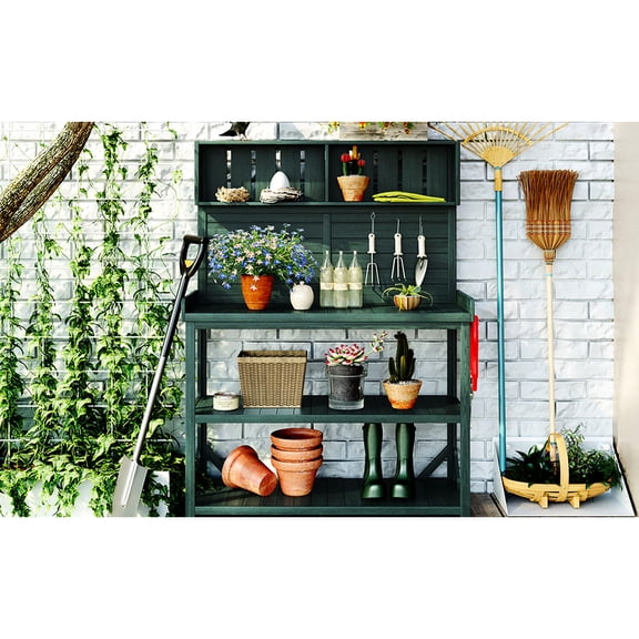 65" Wooden Potting Bench with 4 Storage Shelves and Side Hook / Spacious Workspace for Outdoor Gardening