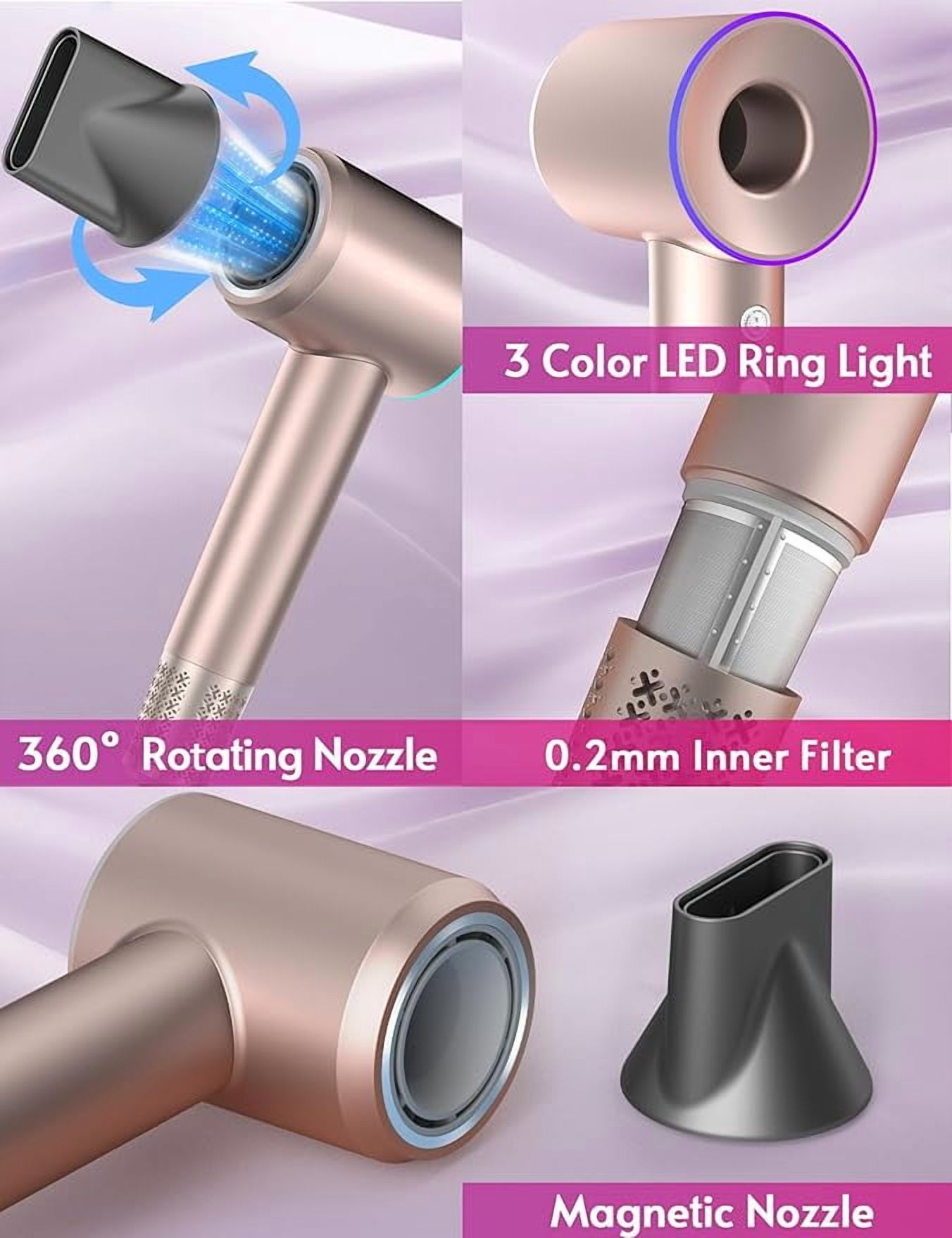Professional Ionic Hair Dryer, 1800W High Speed Blow Dryer for Home Salon, Real 200 Million Negative Ions, 120,000 RPM Brushless Motor for All Hair Types (Pink)