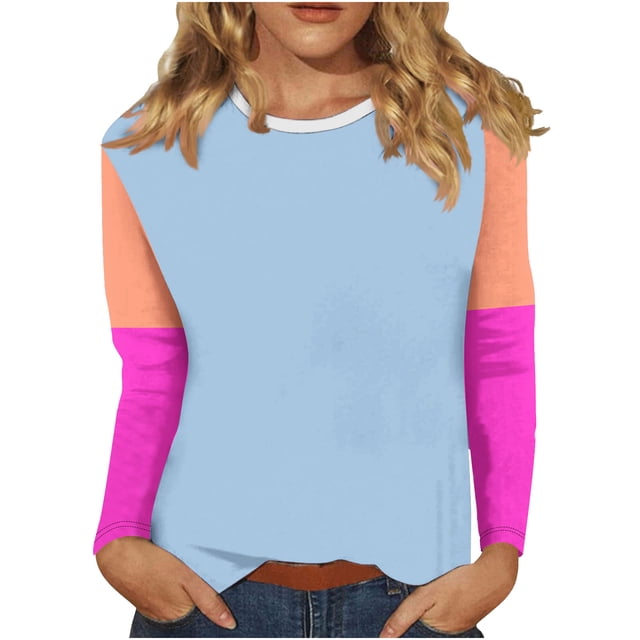 ameIAEA Long Sleeve T-Shirts for Women Crewneck Casual Tee Tops Color Block Basic Fall Shirt