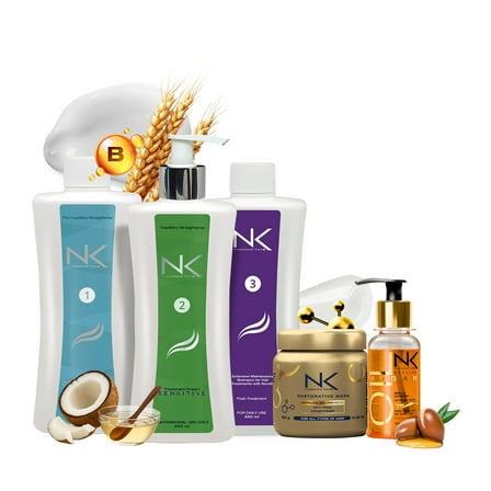 NK Sensitive Keratin Hair Straightening Treatment, Vegan, Formaldehyde Free. Kit Steps 1,2,3,4,5. Sensitive straightening treatment, home care shampoo, Hair Mask and Styling Argan Oil. (15oz)