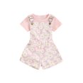 thumbnail image 2 of Musuos Kid Girl Summer Outfit 12 18 24M 3 4 5T Solid Color Ribbed Short Sleeve Crew Neck T-Shirt with Daisy Print Overall Shorts Set, 2 of 10