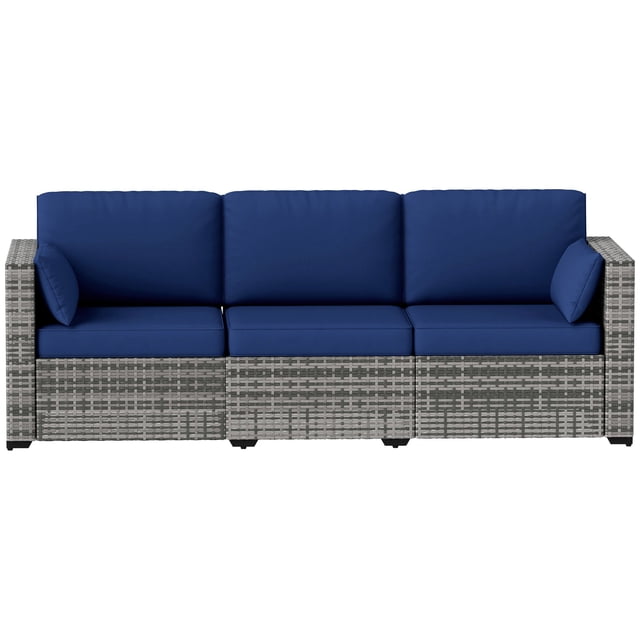 Dark Blue 3-Seater PE Rattan Patio Sofa with Cushions - Outdoor Conversation Set for Garden, Deck, Poolside & Balcony - Durable Steel Frame Design