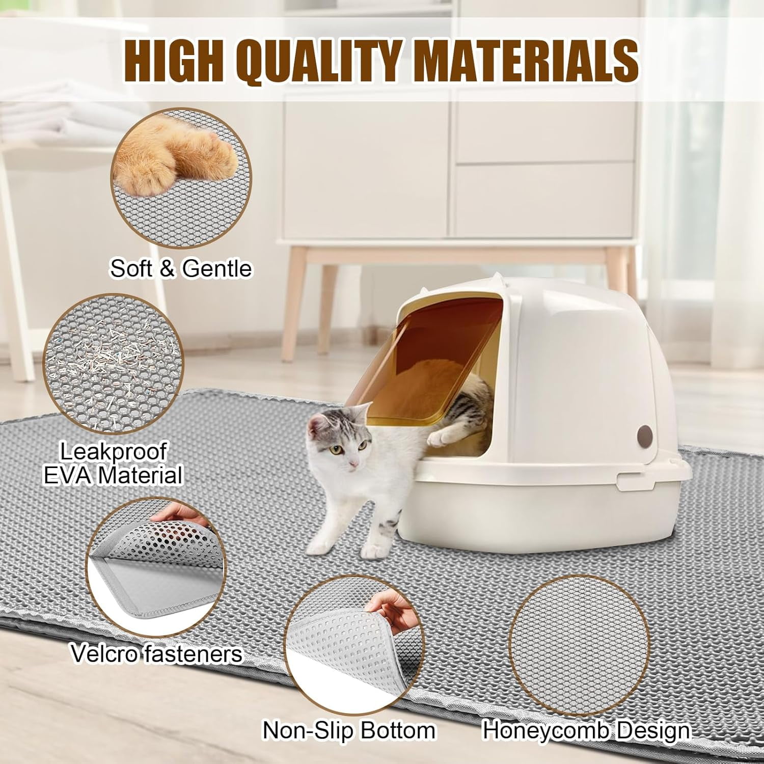 Cat Litter Mat,45"x32"Large Cat Litter Mat Litter Trapping Mat,Honeycomb Double Layer Kitty Litter mat,Soft EVA Material,Durable,Urine & Waterproof,Easy Clean,Washable(Light grey)
