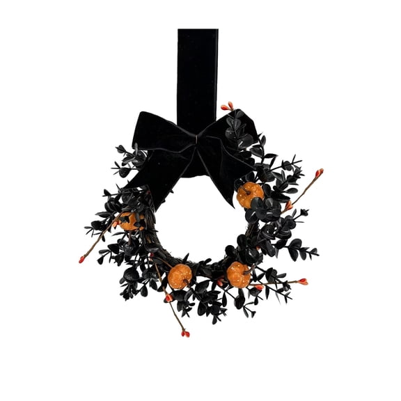 Halloween Black Leaf Wreath with Velvet Bow, Mini Pumpkin Front Door Hanging Garland, Plastic Decorative Wreath for Entryway Wall Indoor Mantel Holiday Party Decor