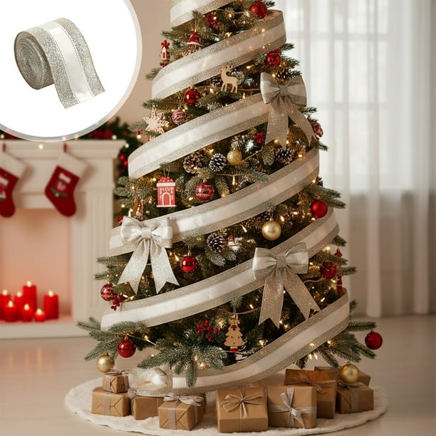 Cinta de Satén Navideña con Lazo de 78,7 Pulgadas y Purpurina para Envolver Regalos, Cinta Decorativa de Poliéster | Color Champán, Rosa, Blanco y Plateado | Decoración para Árbol de Navidad y Corona