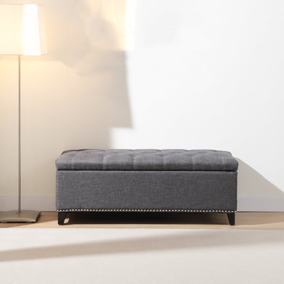 Nmkwnr 47.5" Modern Upholstered Storage Ottoman with Wood Frame, Linen Storage Bench for Living Room, Entryway, Hallway, Support 500lbs, Dark Gray