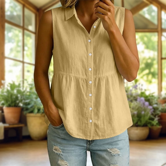 Neewe Cotton Linen Sleeveless Shirts for Women Button Down Blouse Lounge Casual V Neck Tank Tops