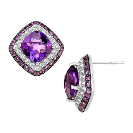 6 1/8 ct Natural Amethyst and Natural White Topaz Stud Earrings in Sterling Silver
