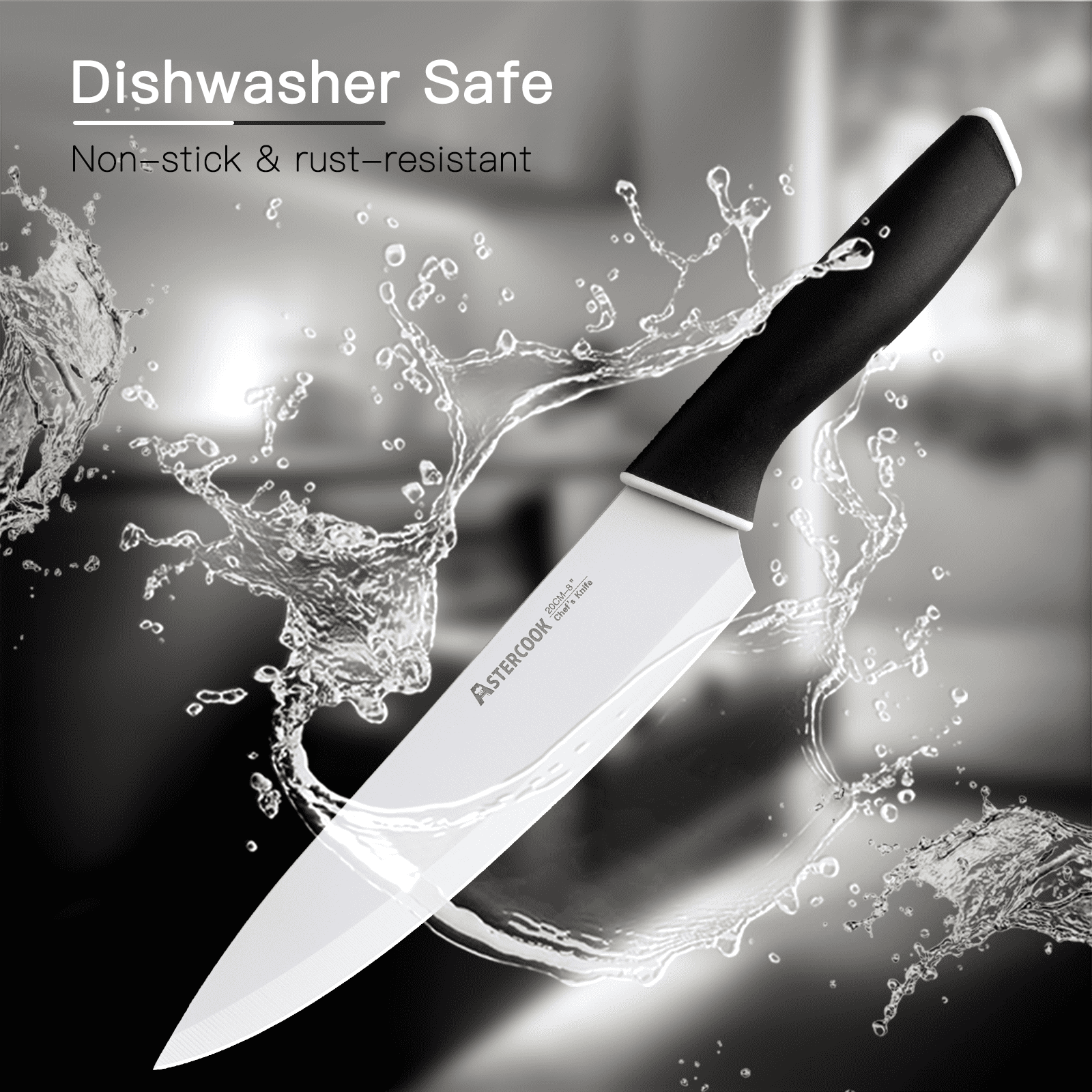 Astercook Knife Set, 14 Pieces Kitchen Knives Set with Healthy Anti-Rust Coating, Stainless Steel Knife Sets with Built-in Sharpener, Sharp & Rust Resistant Dishwasher Safe Elegant Black