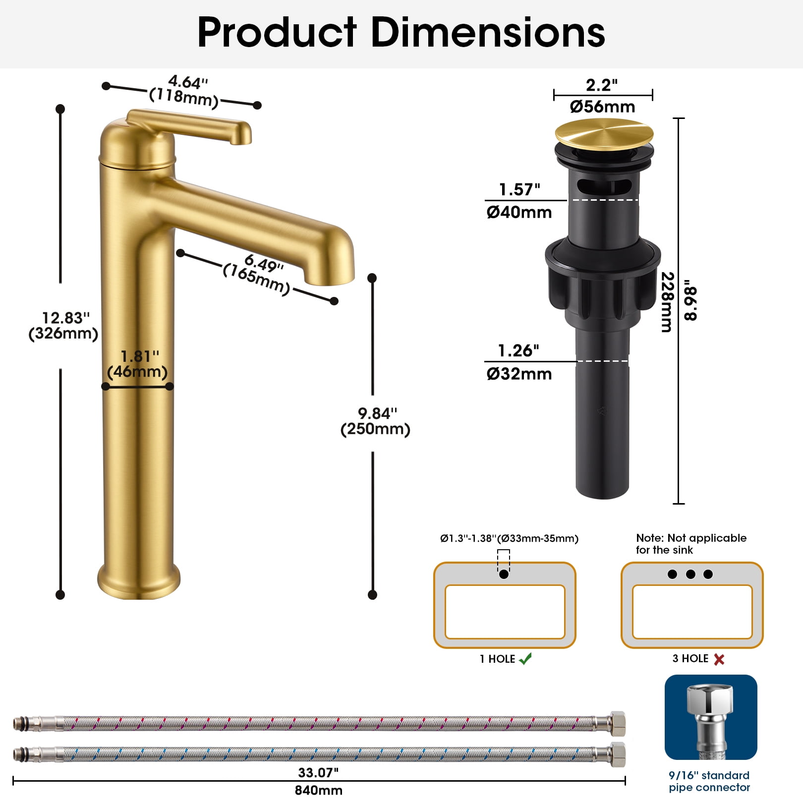 Wowkk Brushed Gold Bathroom Faucets 9.84" High Spout Tall Basin Faucet, Single Handle Bathroom Sink Faucet with Pop Up Drain and Faucet Supply Lines
