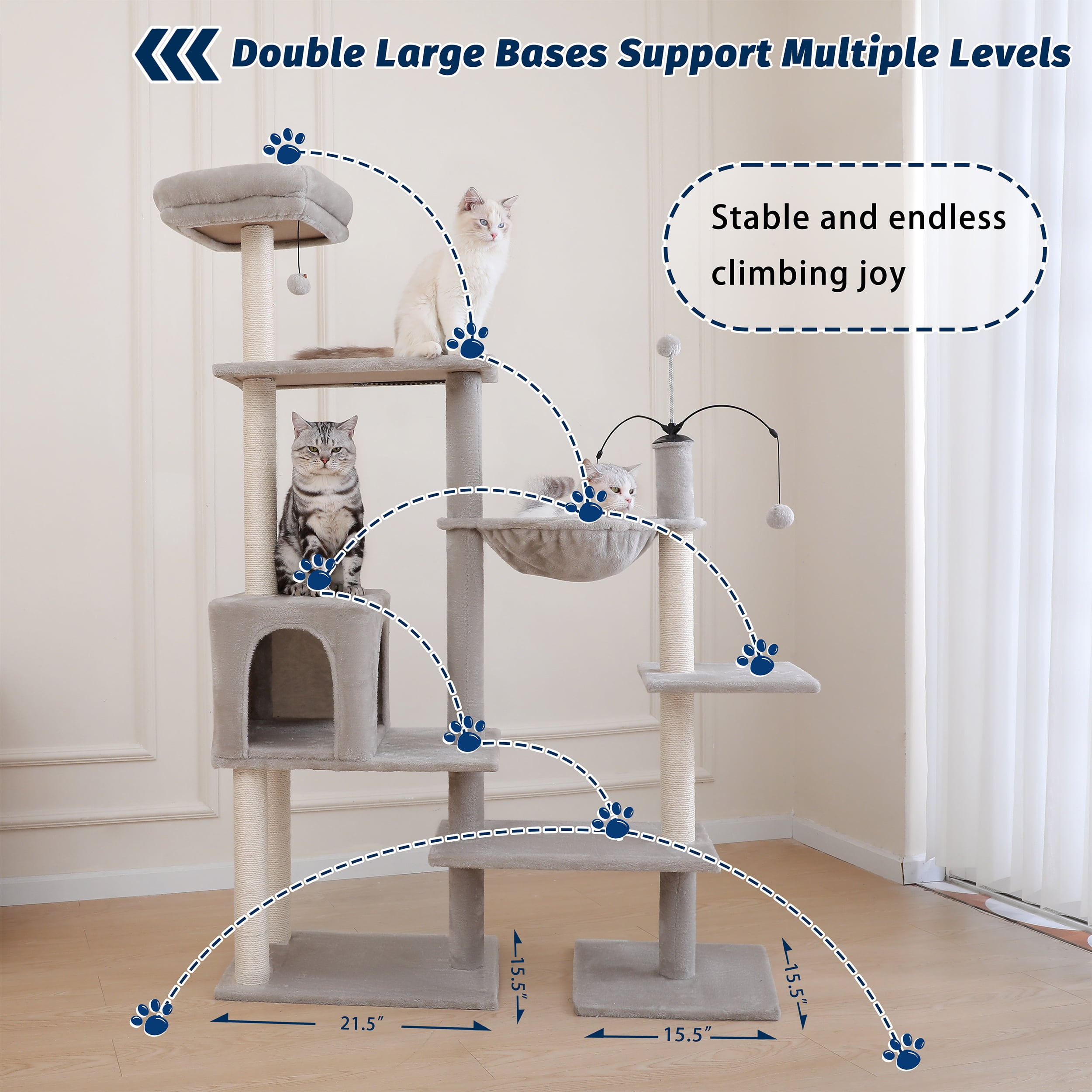 Vibrant Life 64” Multiple Level Cat Tree Tower with Condo and Hammock, Light Gray