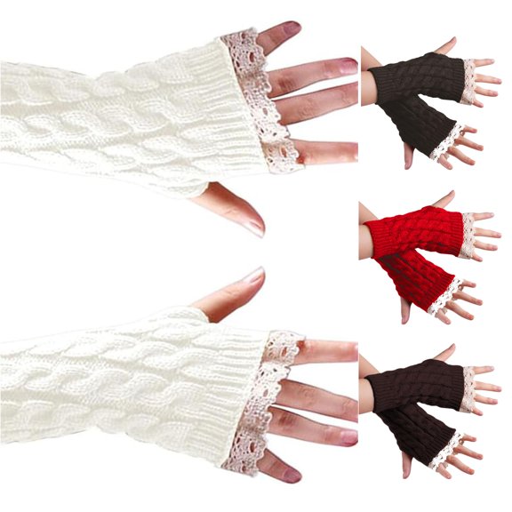 HNMKIU Knitted Lace Casual Fingerless Half Women's Mittens Solid Hand Warmers White - A
