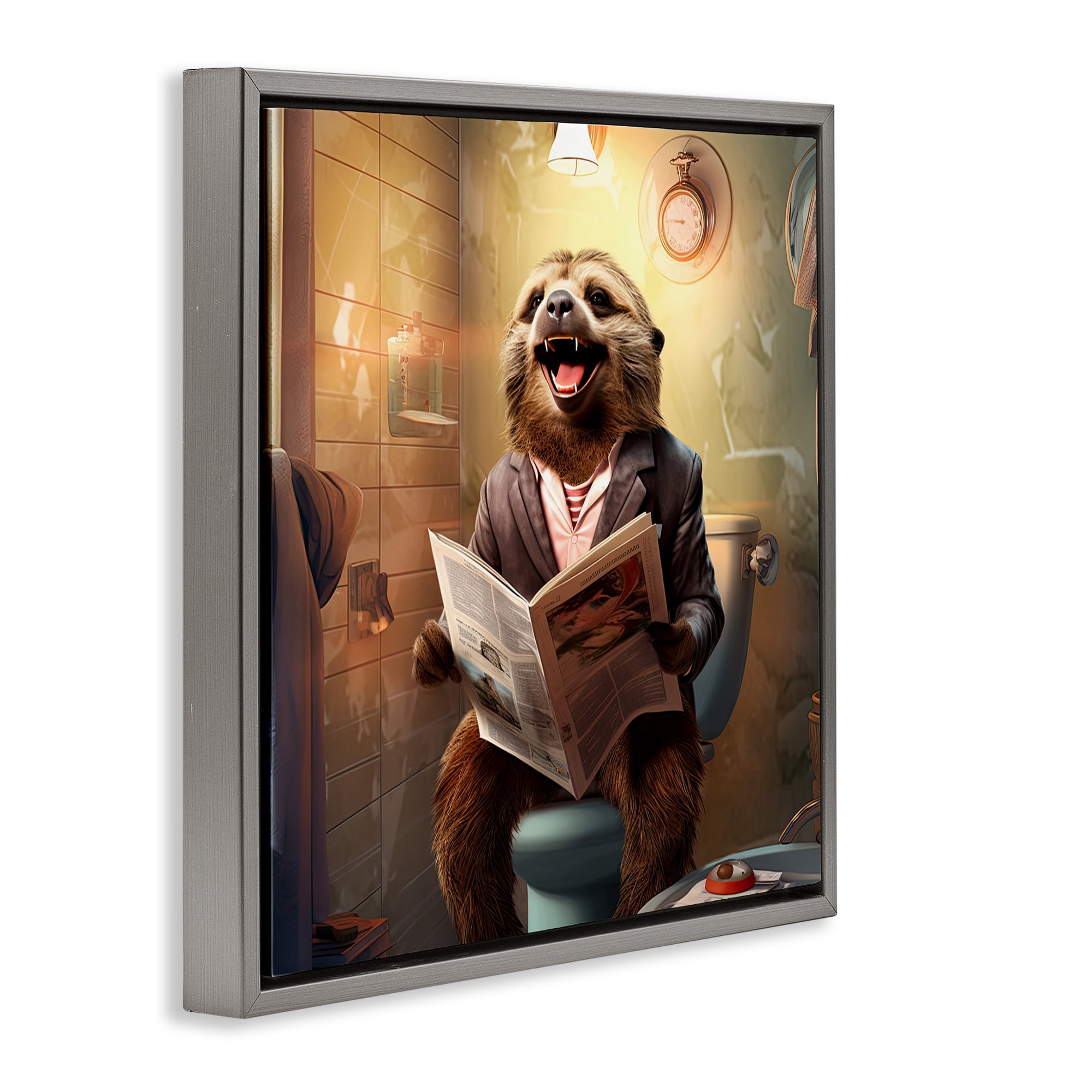 Stupell Industries Smiling Sloth on Toilet Typography Painting Gray Floater Framed Canvas Art Print Wall Art, 18 x 18