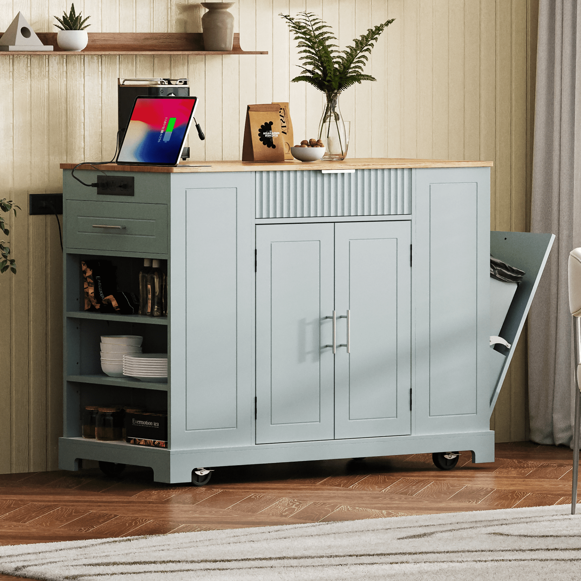 DTTRA 47" Kitchen Island with Hidden Trash Can Storage Cabinet, Rubber Wood Top Rolling Kitchen Cart on 5 Wheels with Power Outlet, 3 Drawers & Open Side Racks, Ideal for Home and Dining Room, Blue