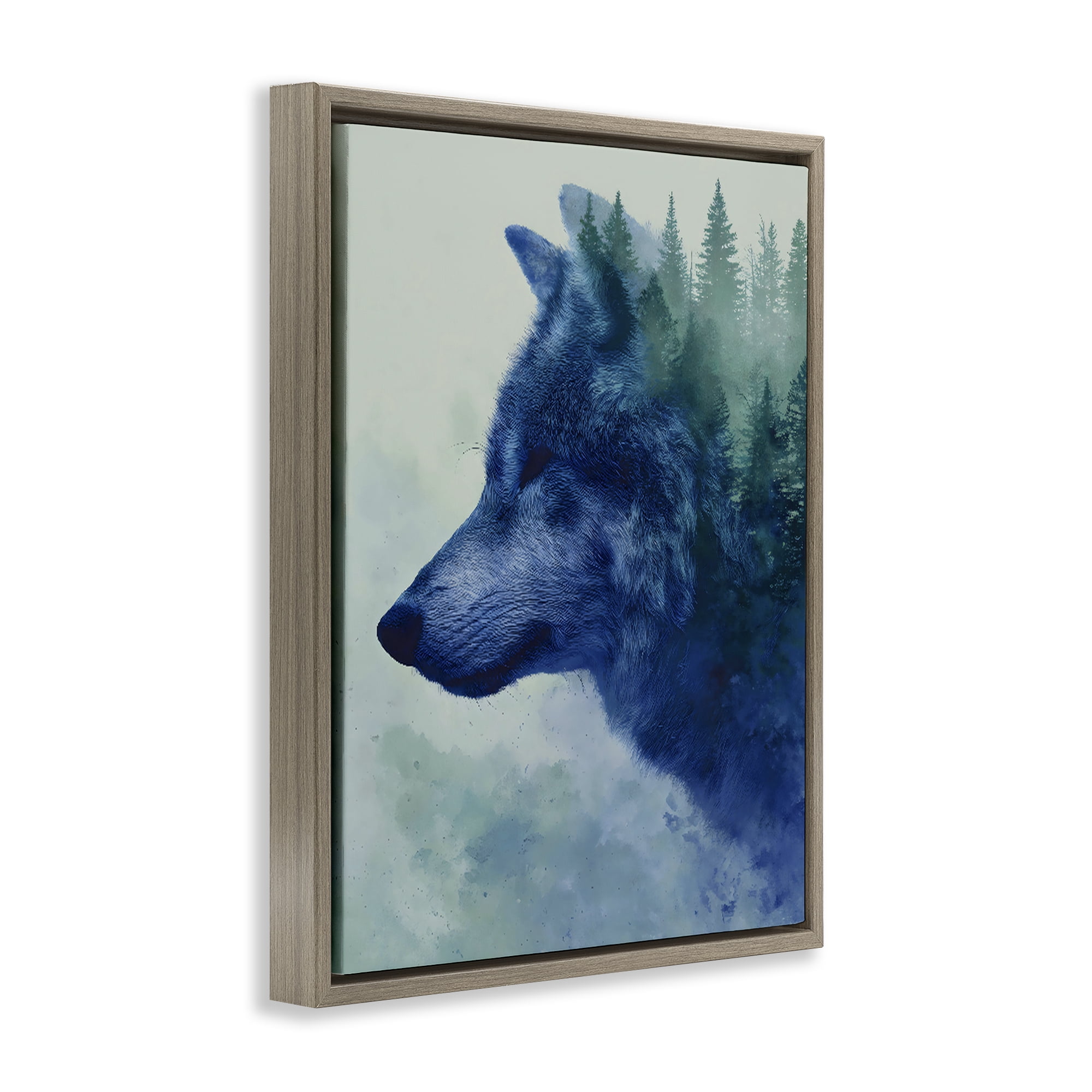 Stupell Industries Indigo Wolf in Misty Pines Brown Framed Floater Canvas Wall Art, design by Franklyn Gregory