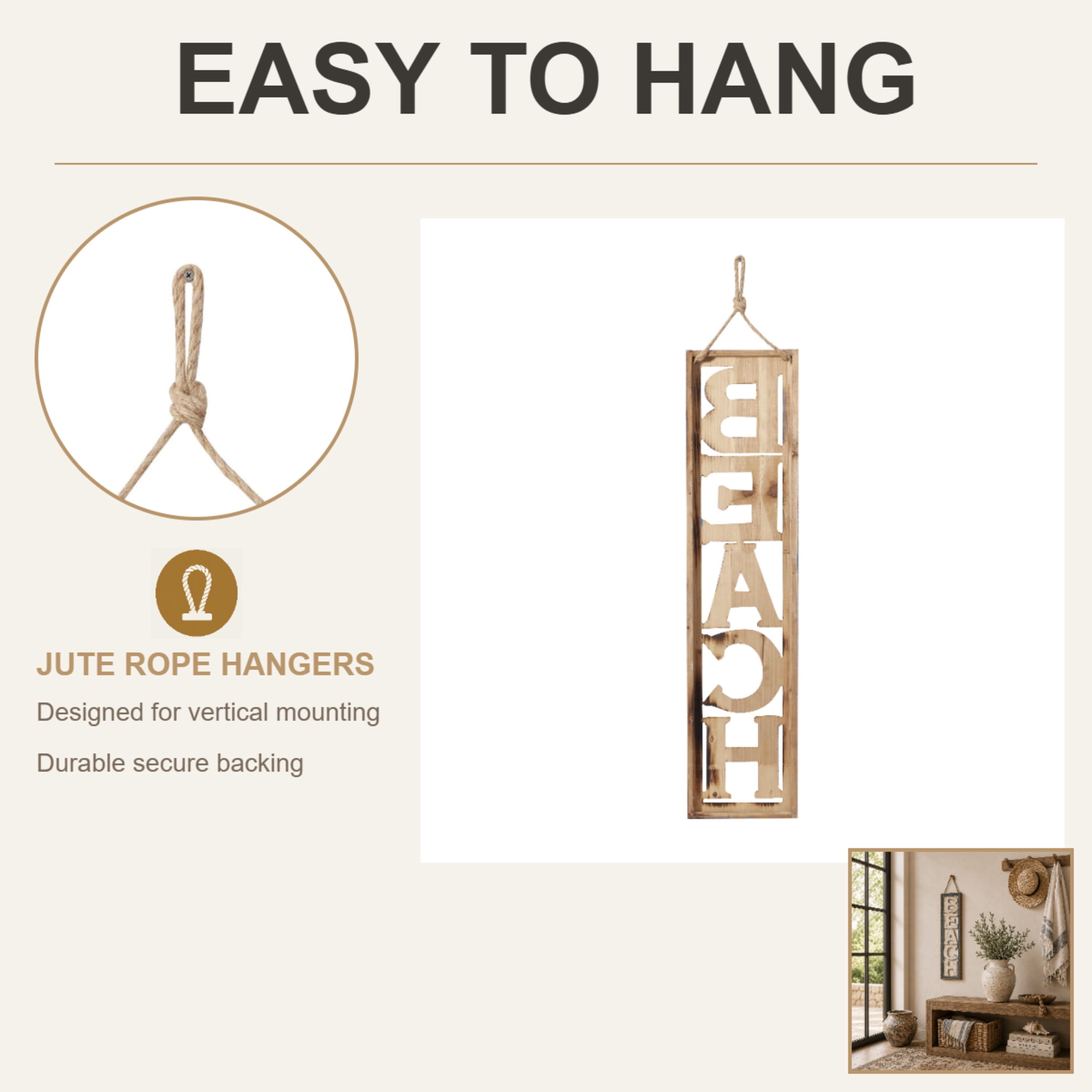 DecMode Beige Wooden Beach Sign Wall Decor with Rope Hanger