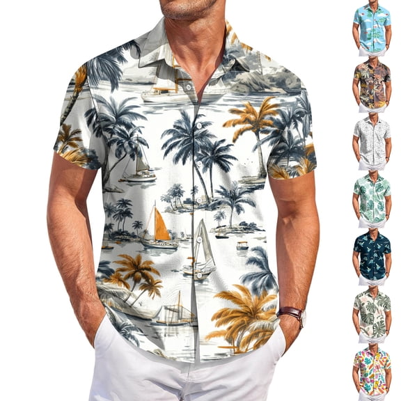 HAJWOH 2026 Summer Hawaiian Shirt for Men Casual Button Down Short Sleeve Summer Beach Shirts Loose Fit Floral Print Tropical Tops