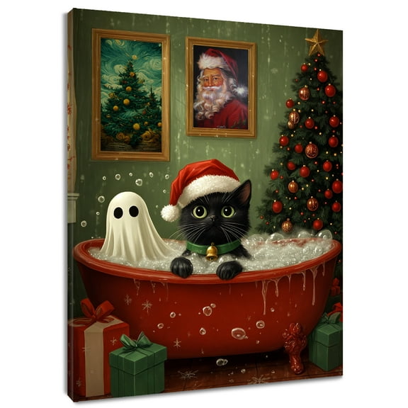 HVEST Vintage Christmas Wall Art Funny Ghost and Black Cat in the Bathtub Canvas Wall Art Christmas Tree Framed Wall Decor for Living Room Bedroom Home, 8 X 10 inches