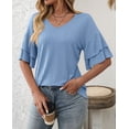 thumbnail image 4 of Womens V-Neck Tops Dressy Double Layer Bell Sleeve 3/4 Length Ruffle Sleeve T Shirts  Blue XL, 4 of 6