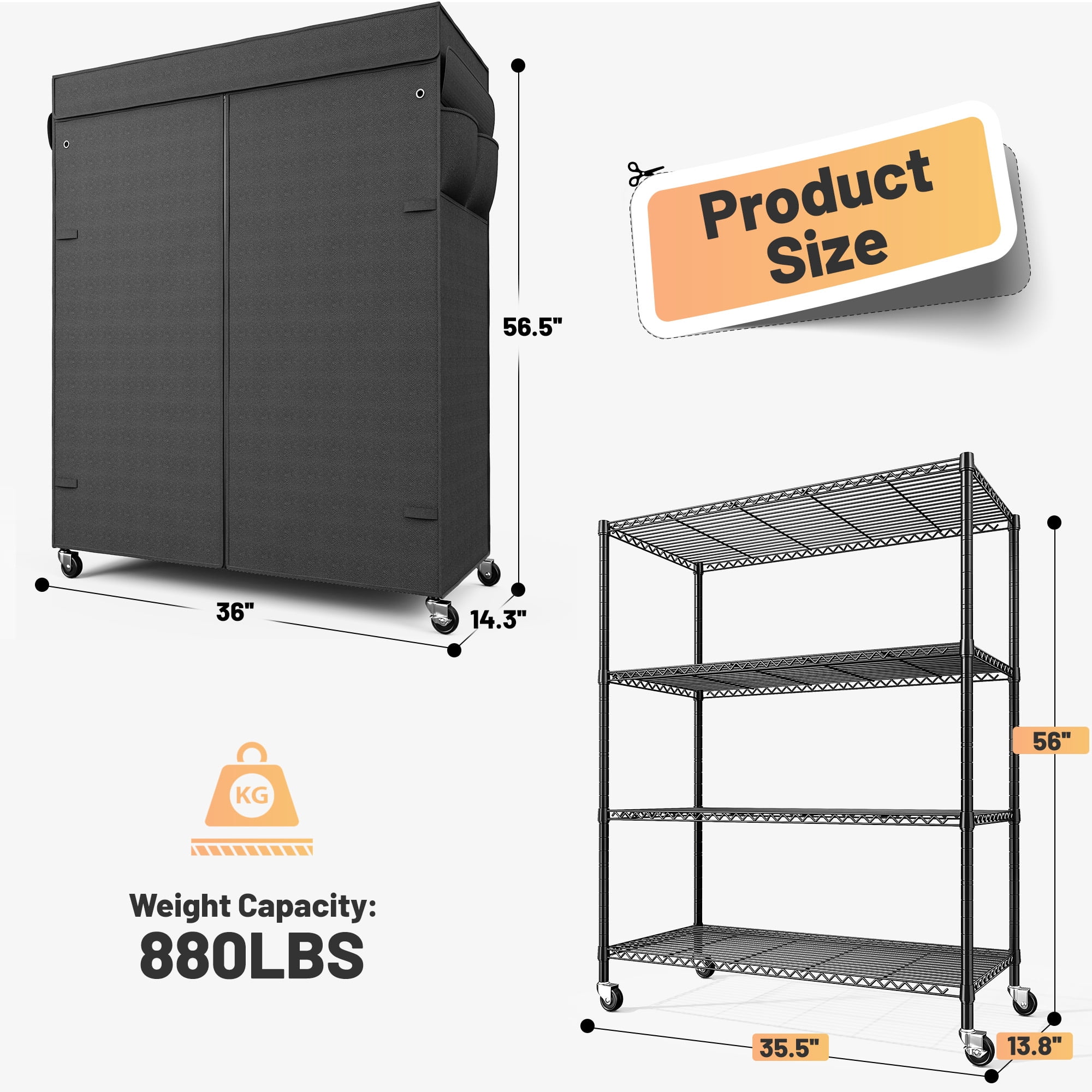 REIBII 4 Tier Wire Shelving Unit with Cover and Wheels,Heavy Duty Metal Storage Shelves Rolling Storage Rack for Pantry Kitchen Laundry Garage,36"W x 14.3"D x 56.5"H