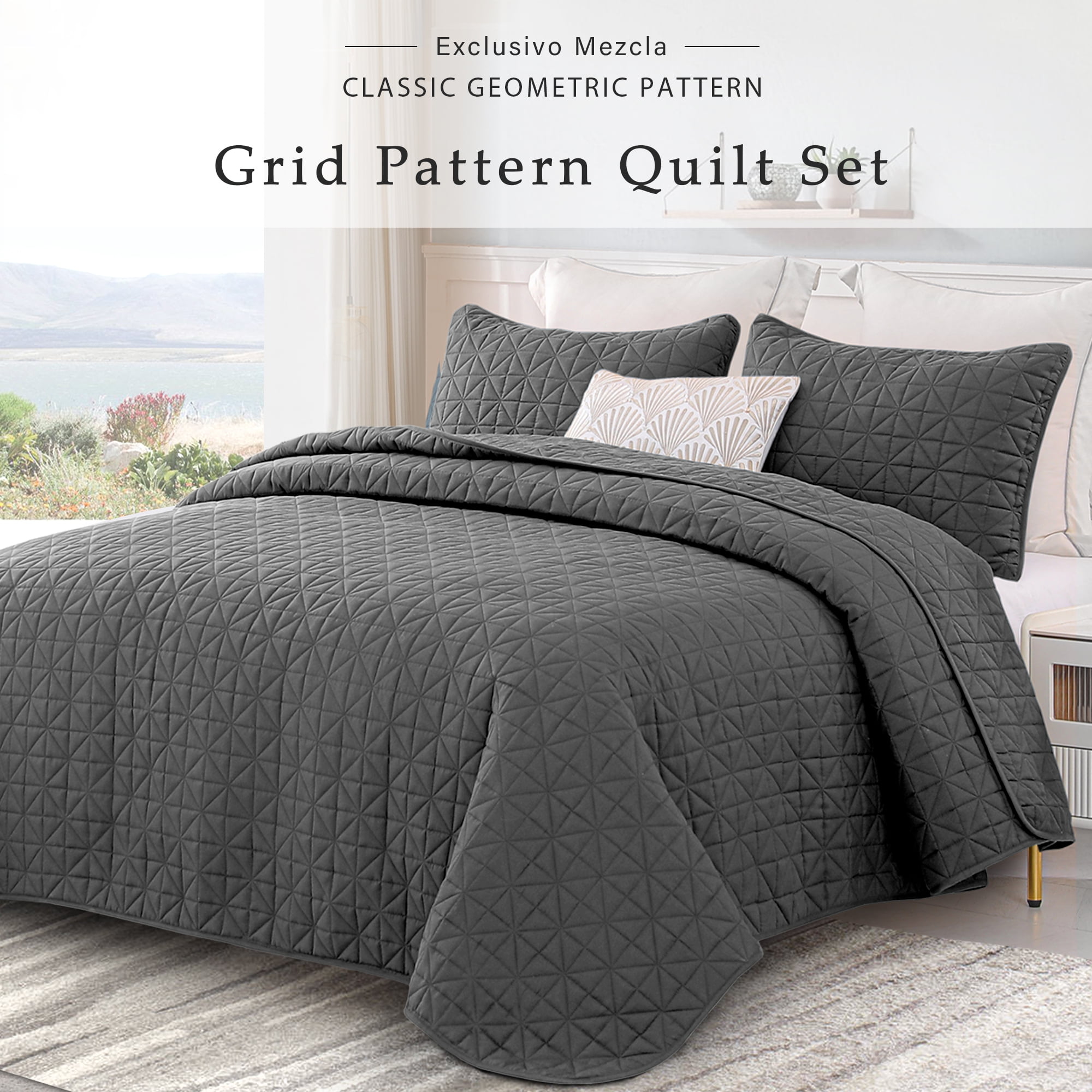 Exclusivo Mezcla King Size Quilt Bedding Set, Lightweight Soft Grey King Bedspreads Coverlets with Geometric Stitched Pattern