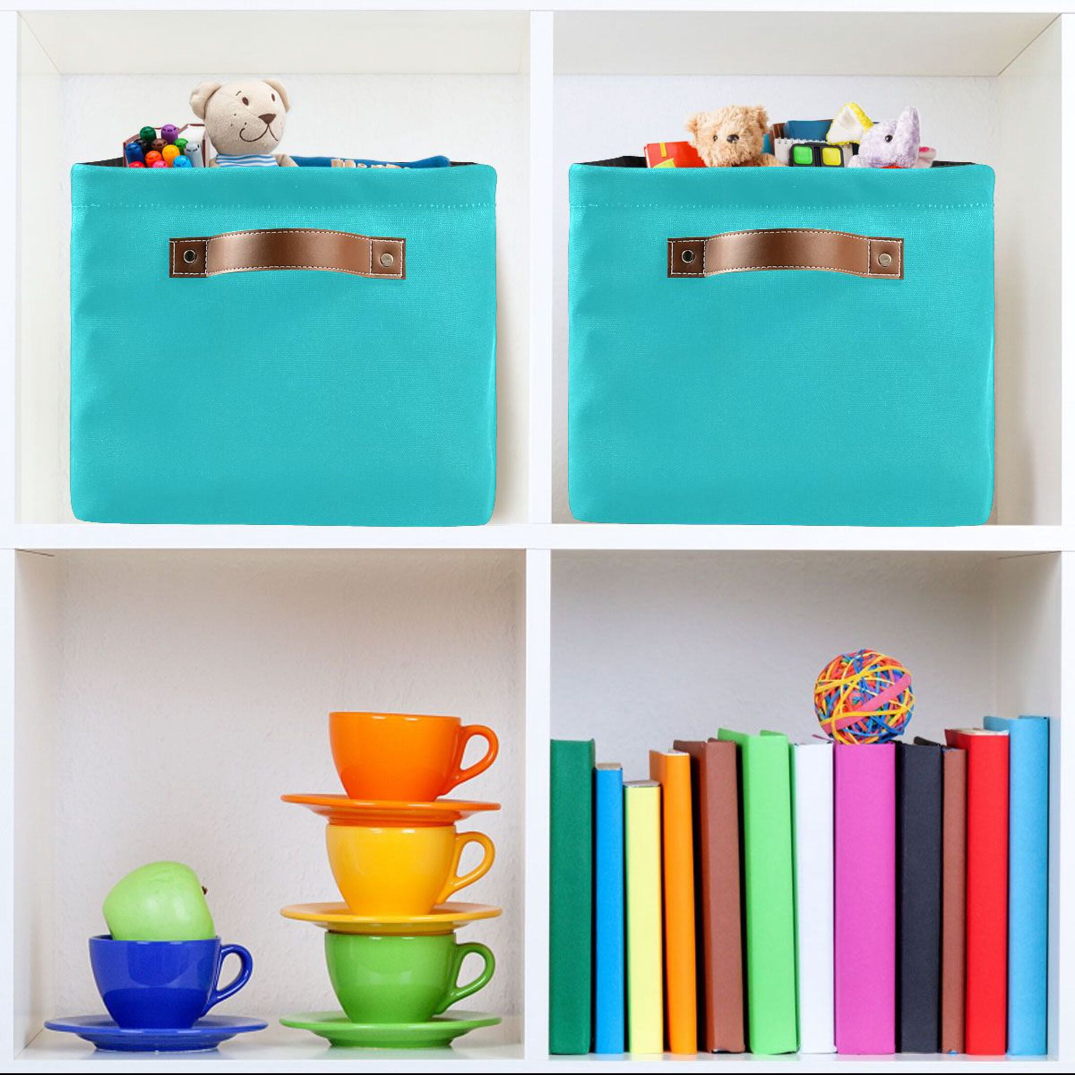 Ryvnso Turquoise Storage Basket Large Bin Foldable Boxes Toys Organizer 14.2x10.2x8.3in 2 PCs