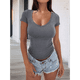 thumbnail image 5 of Camiseta Básica Ajustada de Corta para Mujer, Cuello en V, Ajustada, Gris, Talla M, 5 of 8