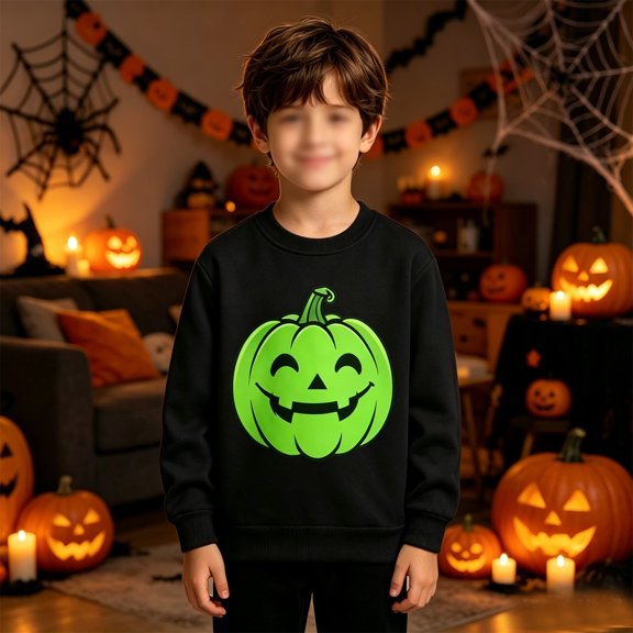 Girls Sweatshirt Boys Glow Halloween Print Fleece Hoodless Long Sleeve Pullover Black 2-3 Years