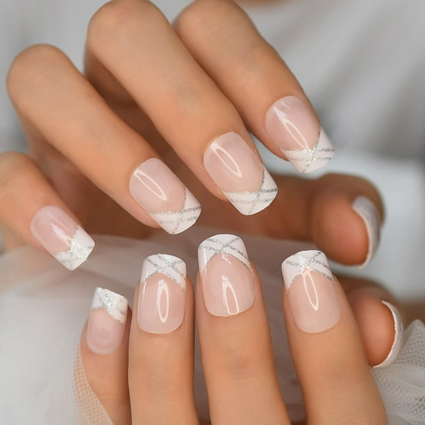 Puntas de uñas francesas blancas desnudas naturales cortas de verano, uñas postizas de Gel, prensa en Ultra fácil de usar para el hogar y la Oficina Deng Xun unisex